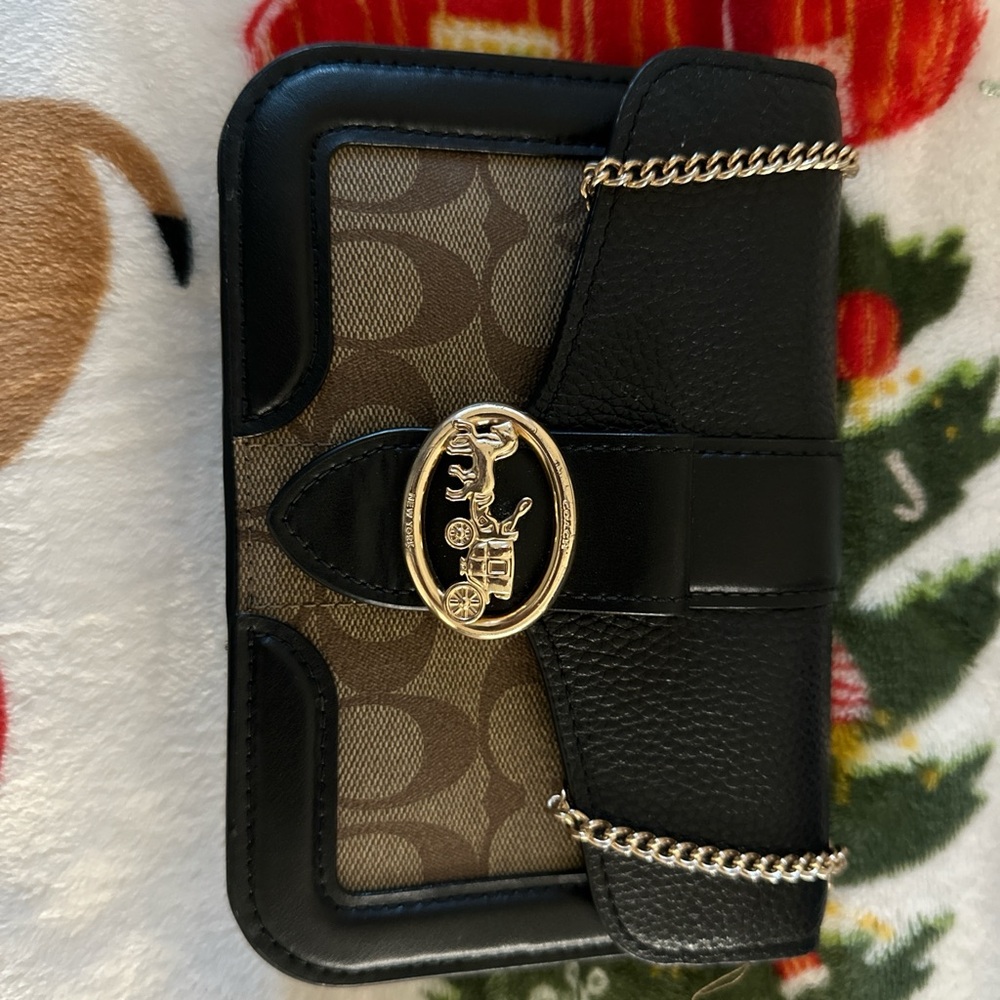 Coach Black and Brown Wallet with Gold Chain